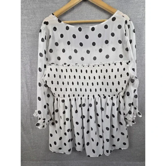 Torrid 3 Blouse Babydoll Chiffon Smocked Polka Dot White Black Whimsigoth Boho - Picture 4 of 12